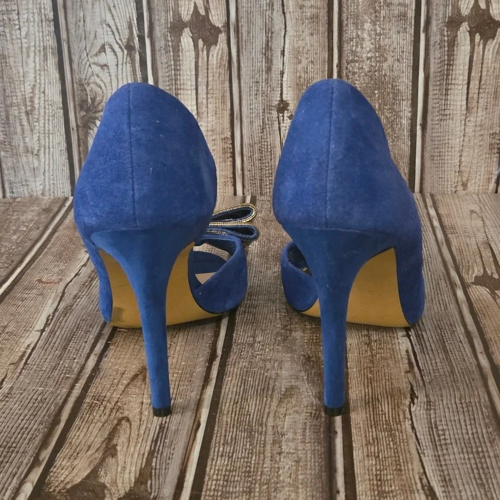 Sz 8 M Betsey Johnson Glisin Blue Suede Studded Bow Peep Toe Heels Pumps Shoes